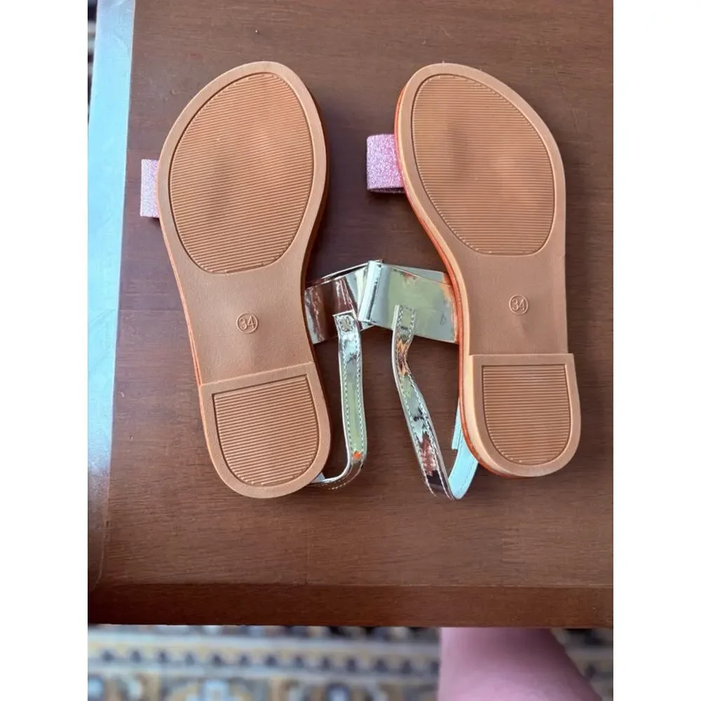 Gold & Pink Strap Sandals EU 34 US 3–3.5 Metallic Chic Summer Slides Cute
